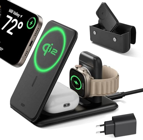 ESR Qi2 3-in-1-Ladestation Apple Watch und iPhone, 15W MagSafe Ladegerät mit Apple Watch-Ladegerät [Zertifiziert], Reiseladegerät für iPhone 16/15/14/13/12 & Watch & AirPods 4, Schwarz, mit Tasche
