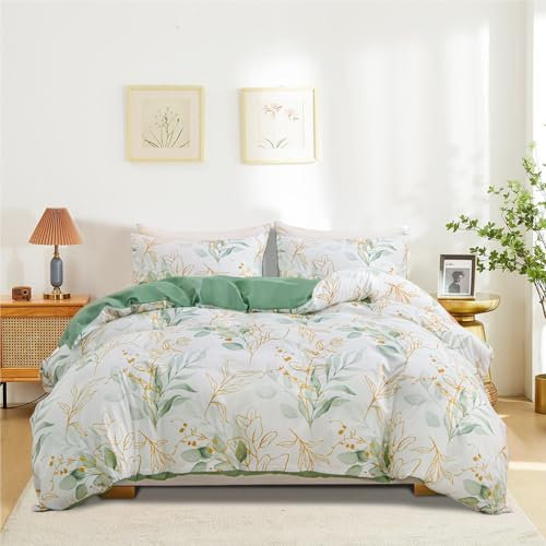 Nyescasa Bettwäsche 220x240 3 Teilig Weiß Grün Blumen Blätter Muster Bettwäsche-Set Gold Pflanzen Botanisch Wendebettwäsche Bunt Weiche Mikrofaser Bettbezug mit Reißverschluss und 2 Kissenbezug 80x80