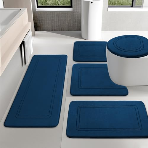 chakme Badezimmerteppich Set，Badteppich rutschfest Waschbar Badvorleger Set 5 Teilig，Weiche Memory-Schaum Badematte und U Förmige wc Vorleger Navy blau