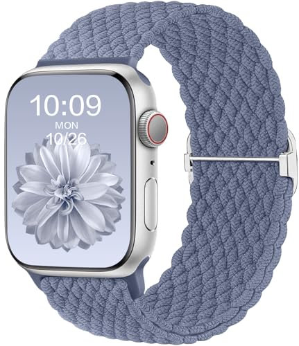 CeMiKa Geflochtenes Armband Kompatibel mit Apple Watch Armband 42mm 38mm 41mm 40mm Damen Herren, Stoff Elastisches Solo Loop Nylon Armband für iWatch Series 10 9 8 7 6 5 4 3 SE Ultra 2 1,BlauGrau