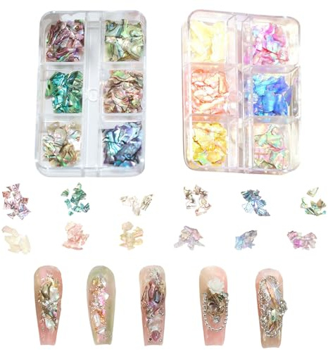 Irregular Abalone Seashell Slices, 2 Boxes Colorful Nail Shell Pieces 3D Nail Art Decorations Accessories UV Gel Abalone Shell Flake Mermaid Nail Sequins for Nail Design DIY Crafts (Multi-Colored D)