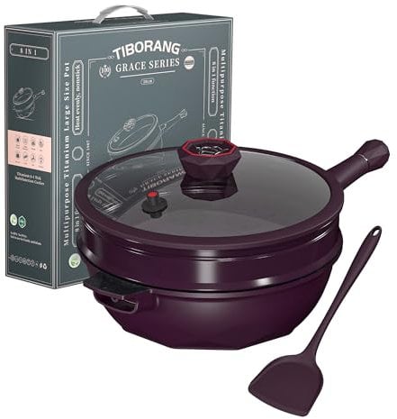 TIBORANG Padella multiuso 8 in 1 con coperchio in vetro, griglia a vapore, senza PFOA, lavabile in lavastoviglie e utilizzabile in forno, funziona con tutti i piani cottura (Midnight Purple)
