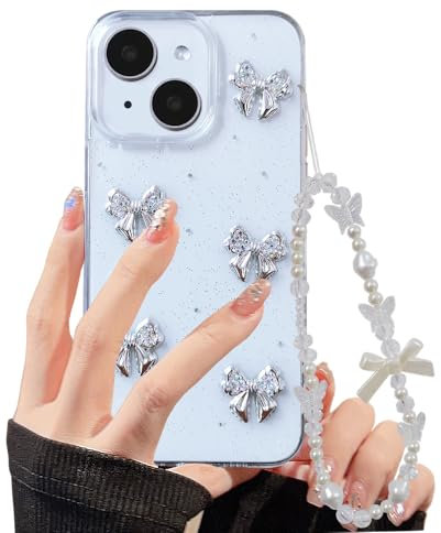 XQAGU Phone Case for iPhone 14 Pro Max Clear Glitter Case Phone Charms Strap Cute Rhinestone Diamond Bow Aesthetic Girly Protective Cover for iPhone 14 Pro Max-Bling Bow