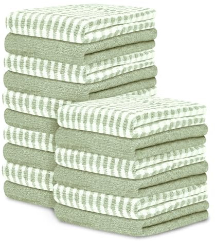 Large Tea Towels Pack of 16 | 46 x 65 Cm Sage Green Check Tea Towels Bar Kitchen Towels Set | Absorbent Chef Tea Towel Dish Cloths For Washing & Cleaning | 35% Polyester, 65% Cotton Dish Towels