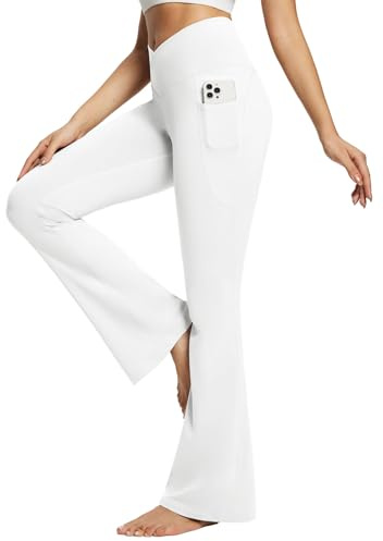 baleaf Women's Flared Leggings Yoga Pants with Pockets Bootcut Trousers Crossover High Waisted Workout White 32 S