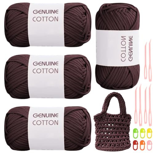 RANJIMA Dunkelbraun Garn, 4 Stück Einfach Garn, Häkelgarn für Anfänger, Gut Sichtbare Maschen Garns Zum Häkeln mit Häkelzubehör, Baumwoll-Nylon-Garns für Kleidung, Decken, Taschen, Pullover