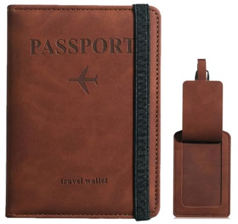 IKOPFLN Porta Passaporto e Etichetta Valigia Aereo,Set Da 2 Pezzi,Pelle Pu Custodia Passaporto, Porta Portafoglio Per Passaporto Per Carte Di Credito, d'Identità e Documenti Di Viaggio(Marrone)
