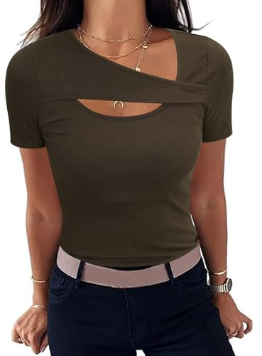 Aottori Camiseta Manga Corta Mujer Cuello Redondo Básica Tops T-Shirt Elegante Camisetas de Punto Acanalado Ligero Casual Túnica Marrón XXL