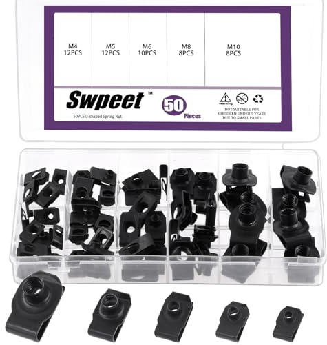 Swpeet 50Pcs M4 M5 M6 M8 M10 Carbon Steel Auto Car U-Clip Assortment Kit, U-Shaped Nut U Nut, Metal Trim Panel Spring Clip Fasteners for Dash Door Panel Interior Compatible with Most Auto (Black)