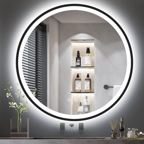 GIMBELEN Spiegel rund mit Beleuchtung, 80 cm, Badezimmerspiegel mit Beleuchtung, Touch-Schalter, Antibeschlag, 3 Lichtfarben Einstellbar, 3000 K / 4000 K / 6500 K