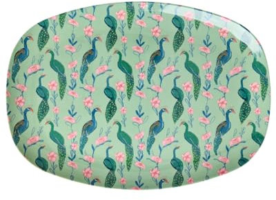 ReWu Rice Melamin Teller Tablet - Pfau Motiv Grün - Geschirr Melamingeschirr Kindergeschirr Kinder Camping BBQ Picknick Bruchsicher BPA-frei Wiederverwendbar Kunststoffgeschirr 30 x 22 cm