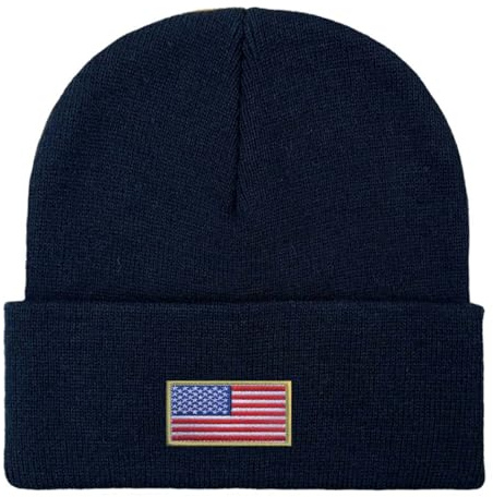 Petite Pine Dehnbarer Strickhut mit Amerika Flagge Patch, weicher Warmer Hut für Männer Frauen, Unisex Socken Hut mit amerikanischen USA Tag