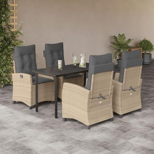 QJBSAVVA Gartenmöbel Set 5-TLG Rattan Essgruppe Beige 140x70x74 cm Glastisch Stapelstuhl verstellbar Modernes Design für Terrasse Balkon Camping
