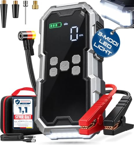 Starthilfe Powerbank für PKW 6000A, 26800mAh Auto Starthilfe Powerbank mit 150 PSI Kompressor, Batterie Booster & Jump Starter für Benzin & Diesel, LED Notfallgerät