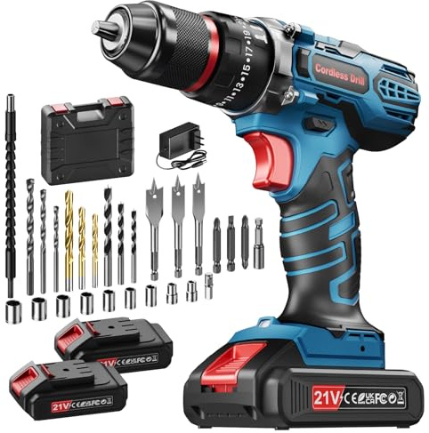 Perceuse à Percussion Sans Fil 21V, Perceuse Visseuse Sans Fil 2 Batteries 2,0Ah, 45Nm Maximal, 25+3 Couple Visseuse Devisseuse, 2 Vitesse & LED, Perceuse-Visseuse Kit d'accessoires 29 Pièces