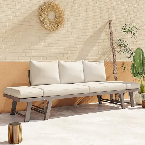 ELVMI Garten-Sofa Dreisitzer-Sofa it Auflagen und klappbaren Armlehne Outdoorsofa mit Liegefunktion Gartenmöbel-Set Loungesofa für Garten und Terrasse Beige
