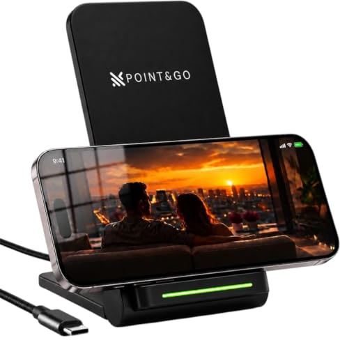 POINT&GO Cargador Inalámbrico Qi 15W MAX, Base de Carga Rápida con Cable USB-C para iPhone 16/15/14/13/12, Samsung Galaxy S25/S24/S23/S22 Google Pixel 9/8/7 y Otros Smartphones Compatibles con Qi