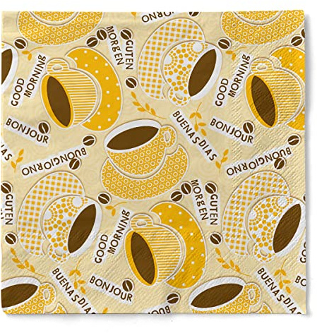 Sovie HOME Serviette KAFFEE OLÈ in Gelb-Orange aus 3-lagigem Tissue, 33 x 33cm, 20 Stück, Kaffeetassen Design Begrüßungen in verschiedenen Sprachen, Tischdeko Kaffee Event