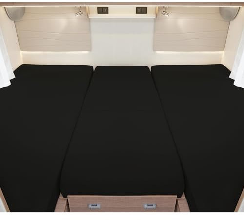 G BETTWARENSHOP – Spannbettlaken für Wohnmobile & Wohnwagen – Spannbetttuch Set 3-teilig für 2 Längsbetten + Mittelteil – Jersey Bettlaken für Heckbetten 2 Längsbetten + Mittelteil schwarz