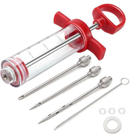 Meat Injector, 1-oz Plastic BBQ Marinade Injector Kit, Turkey Injector Syringe (3 Stainless Steel Meat Needles +3 Replacement O Rings + 1 Cleaning Brush) for Turkey Smoked BBQ Grill
