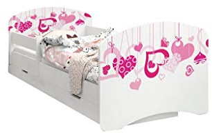 Happy Babies - Doppelseitiges Kinderbett MIT SCHUBLADE Modernes Design mit sicheren Kanten und Absturzsicherung Schaumstoffmatratze 7 cm. (140x70, 02. Fallende Herzen)