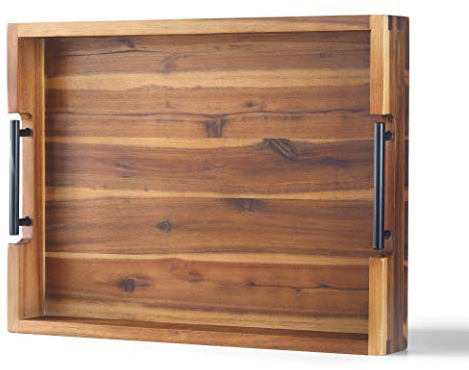Bandeja otomana, bandeja para servir de madera de acacia con asas de metal, bandeja de 16.5 x 12.5 pulgadas para mesa de café, desayuno, cena y bar, bandeja de almacenamiento decorativa rústica para