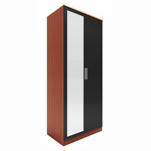 ELEGANT Soft Close 2 Door Wardrobe with Mirrored High Gloss Black/Walnut 1780x760x450mm Bedroom Furniture Sets