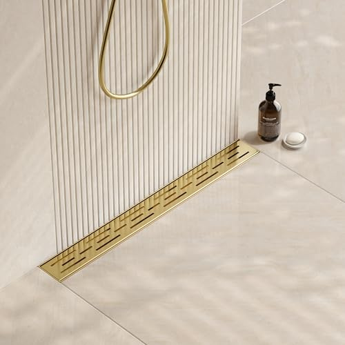 Neodrain 24-Inch Brushed Brass Linear Shower Drain with Brick Pattern Grate
