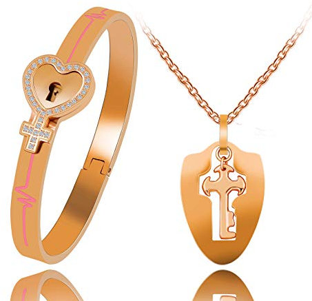 T Brand Egyptian Ankh Heart Cross Lock Bangle Bracelet and Shield Key Pendant Necklace Set Couples Romantic Gifts M