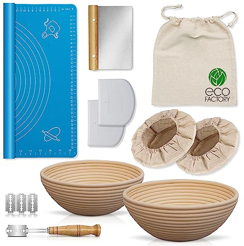 ECO FACTORY Banneton Bread Proofing Basket Set of 2,incl. Professional Accessories,9 inch Round Sourdough Bread Making Kit,Stainless Steel Accessories,Designed in Switzerland