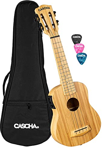 Cascha E-Bamboo Natural Sopran Ukulele Erwachsene & Kinder - inkl. 3 Plektren & Tasche - Bambus-Ukulele als Bühnenbegleiter - hochwertige Carbon-Saiten - integriertes Stimmgerät & 3-Band-Equalizer
