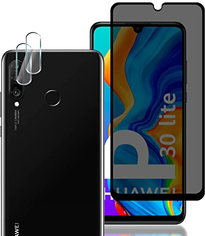 AnnhanT Schutzfolie für Huawei P30 Lite Panzer Schutz Glas für Sichtschut 1 Stück + Huawei P30 Lite Kameraschutz 2 Stück - 9H Panzerfolie/Anti-Spy