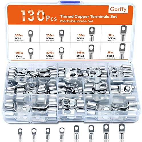 Gorffy Kabelschuhe Rohrkabelschuhe Set 130 Pcs, Kabelschuhe Set 25mm² 16mm² 10mm² 6mm², Kabelschuh Sortiment für Kfz Batteriekabel, Ringkabelschuhe Set M6 M8