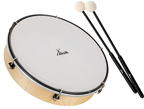 XDrum HTM-10K 10 Handtrommel mit Schlägel Set, Durchmesser: 10 (25 | 4 cm), Robustes Polyesterfell, Holzrahmen aus Ahorn, 6 Spannhaken zum Stimmen der Trommel, Ergonomischer Griff, Höhe: 6 cm