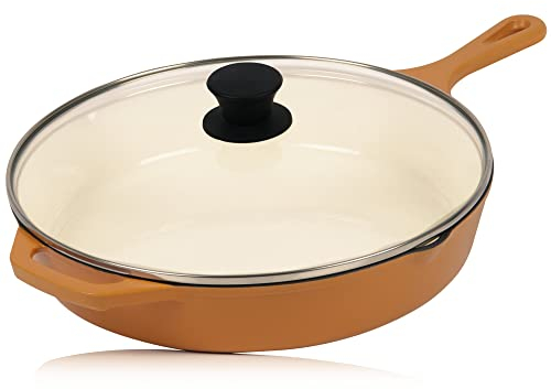 Mahlzeit Enamelled Frying pan with lid | Ø 29,5 cm | Sunny Orange | Frying pan with Two spouts | Grill pan | High Rim pan | Cast Iron frypan | Glass lid wit Rubber Grip | Pan for All Heat Sources