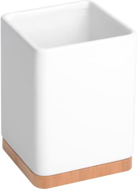 KOOK TIME Porta utensilios de cocina - Bote para utensilios cocina de cerámica y bambú - Soporte utensilios cocina cuadrado - Blanco brillo - 10.5 x 10.5 x 15 cm