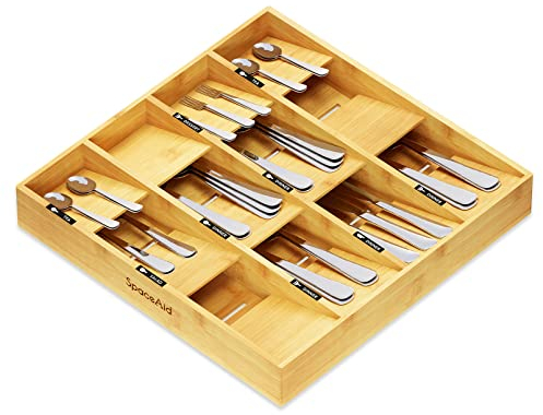 SpaceAid Bamboo Silverware Drawer Organizer with Labels, Kitchen Utensil Tray Holder Organizer for Flatware, Cutlery, Spoon and Knives Drawer Storage Organization (12 Slots)