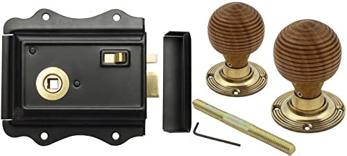 AB Hardware Old English Victorian Style Latch Lock Snib + Teak Beehive Rim Door Knob Set (Aged Brass + Rim Lock)