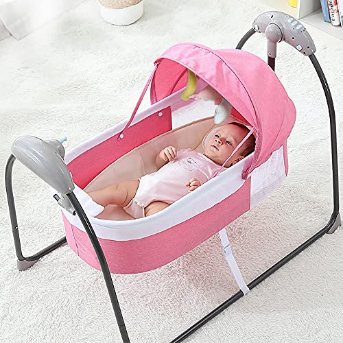 WOQLIBE Babywiege Elektrische Wiege mit Fernbedienung Elektrisch Baby Wippe Schaukel 5 Schaukelgeschwindigkeiten Auto Swing Babybett (Rosa)