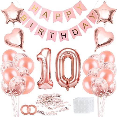 Bluelves 10 Jahr Geburtstag Mädchen Rosegold - Luftballon, Happy Birthday Banner, Konfetti - Geburtstagsdeko