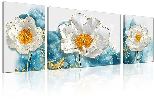 3 Teilig Weiss Pfingstrose Leinwandbilder Bilder mit Rahmen Blaue Tinte Floral bild auf leinwand Wandkunst Modern Wandbilder Kunstdruck Deko für Wohnzimmer Schlafzimmer 120x40cm(40x60x1 + 30x40x2)