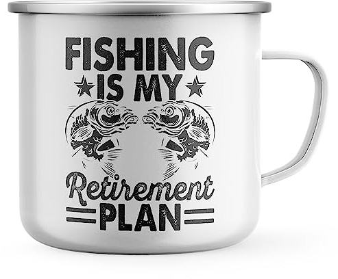 Purple Print House Fishing Is My Retirement Plan Enamel Mug Funny Men Dad Grandad Fisherman Coffee Tea Cup Gift