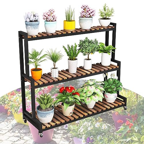 LIGUOYI Blumentreppe Metall Pflanzenregal 2 Ebenen 3 Ebenen Blumenständer Mit Rollen Breite 80 100 120cm Lagerregal Schuhablage Holz Regal Für Indoor, Outdoor, Flur, Wohnzimmer, Platzsparend