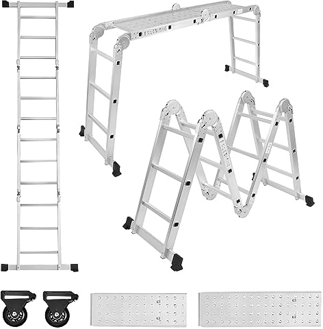 SUBTLETY 6 in 1 Mehrzweckleitern 340cm Aluleiter Baugerüst Sicherheitsleiter inkl. Klappbare Stehleiter 2 Abnehmbar Arbeitsplattform & 2 Rad Rollleitern für Zuhause Werkstatt Garten (4x3 Stufen)
