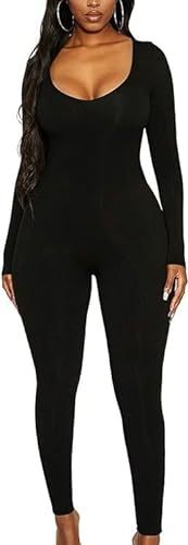 Rongseng Jumpsuit Damen Langarm Rundhalsausschnitt Sport Jumpsuit Lang Eng Stretch Einteiler Bodycon Yoga Bodysuit Overall Nahtloser One Piece Workout Playsuits Sportanzug Trainingsanzug Club Outfit