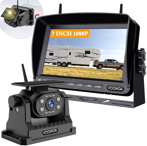 Solar Wireless Magnetic Backup Camera, 9600mAh Battery Powered Rechargeable Waterproof HD Back Up Rear View Bluetooth Hitch Camera with 7 Inch 1080P Monitor System for Car Truck Trailer RV VN003