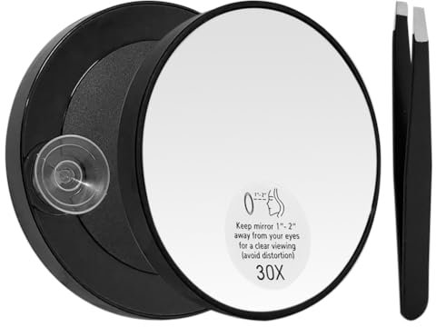 JIADEXIN Miroir grossissant x30 avec ventouse et pince à épiler en verre - Petit miroir rond portable de voyage compact pour maquillage, élimination des points noirs, épilation des sourcils (8,9 cm,