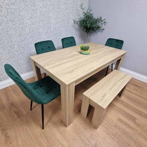 KOSY KOALA Dining Table Set with Bench and Chairs Oak Effect Wooden Kitchen Dining Table with 4 Green Velvet Dining Chairs and Bench Modern Dining Room Furniture 140 x 80 x 75 cm