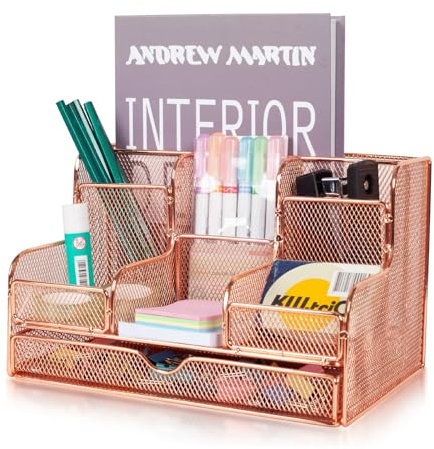 Pinkgarden Desk Organizer, Elegant Office Decor with Pen Holder - Durable Metal Desktop Organizer with 7 Compartments & 1 Drawer for Home Office,10.2 W x 6.7 D x 6.3 H (Rose Gold)