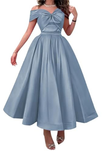 Women's Bridesmaid Dresses for Wedding with Pockets Offshoulder Homecoming Dresses Dusty Blue UK14